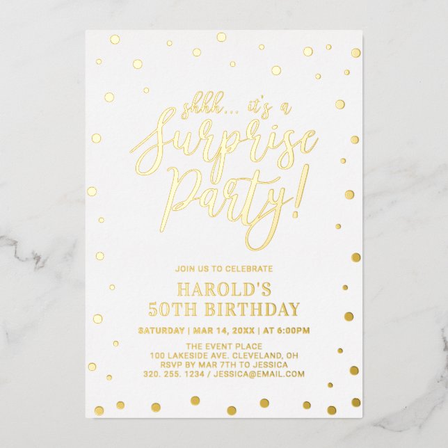 Modern Gold Confetti Surprise Birthday Party (Front)