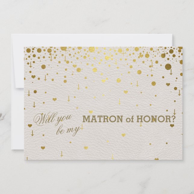 Modern Gold Confetti White Leather Matron of Honou Invitation (Front)