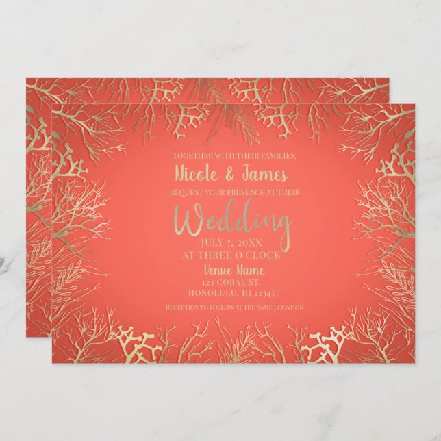 Modern Gold Coral Orange Elegant Beach Wedding Invitation (Front/Back)