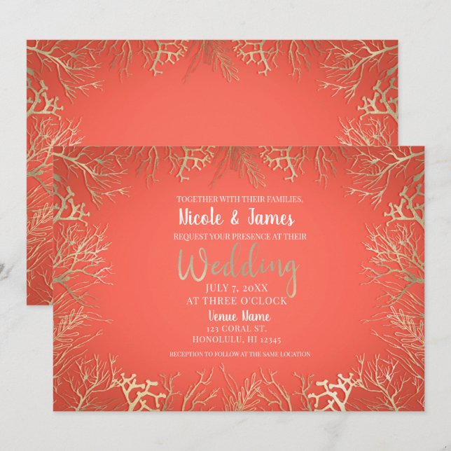 Modern Gold Coral Orange Elegant Beach Wedding  Invitation (Front/Back)