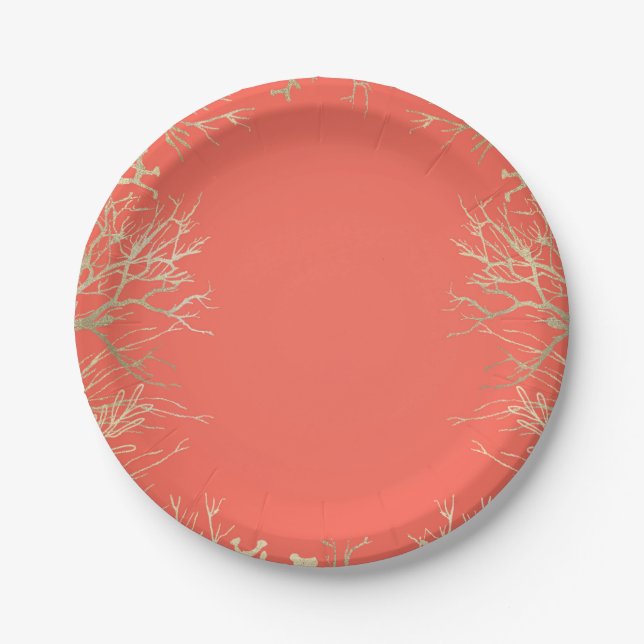 Modern Gold Coral Orange Elegant Beach Wedding Paper Plate (Front)