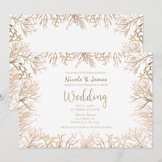 Modern Gold Coral White Elegant Beach Wedding  Invitation (Front/Back)