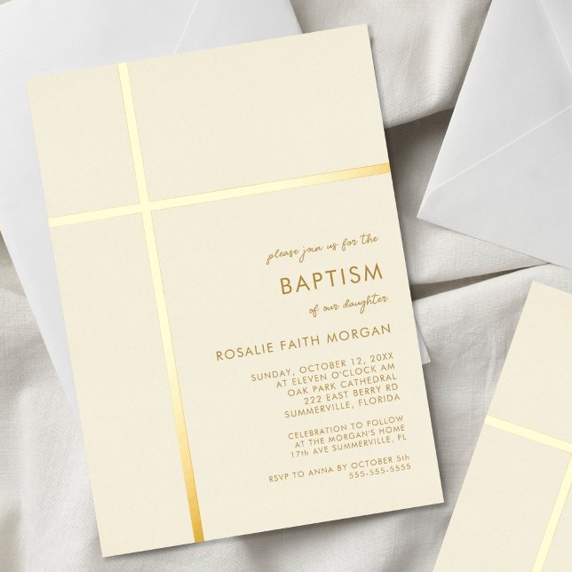 Modern Gold Cross Baptism Christening Invitation (Creator Uploaded)