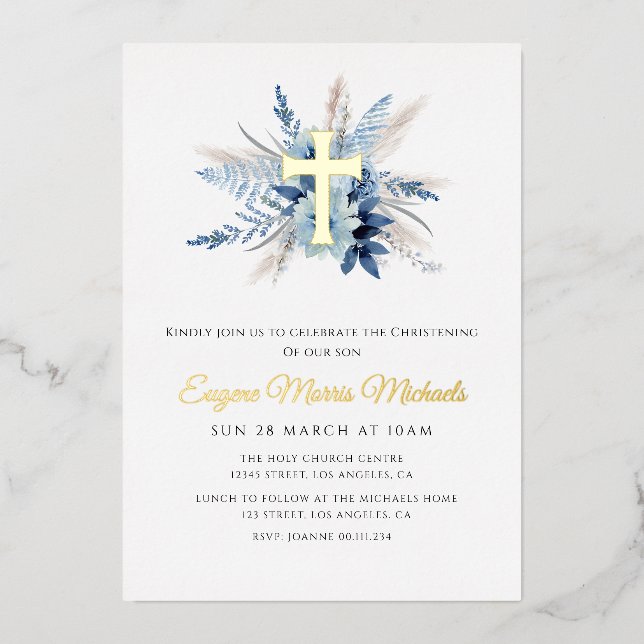 modern gold cross blue floral christening (Front)