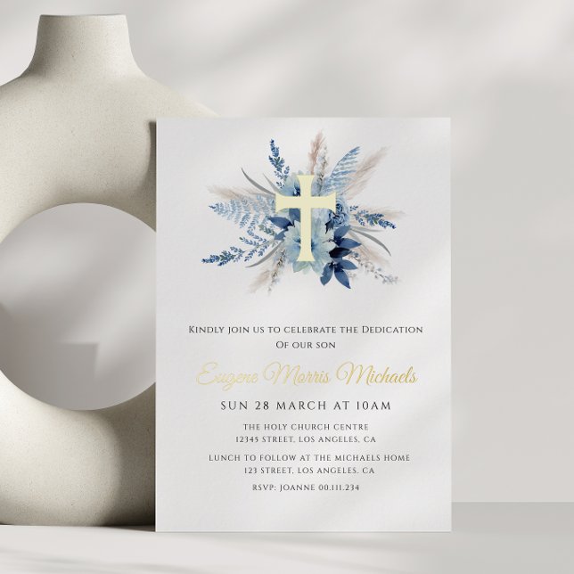modern gold cross blue floral dedication (Creator Uploaded)
