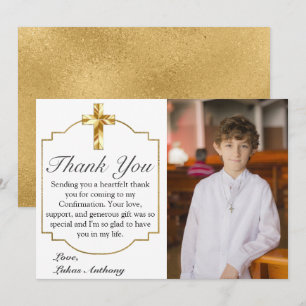 Modern Gold Cross Boy's Confirmation Photo Thank You Card