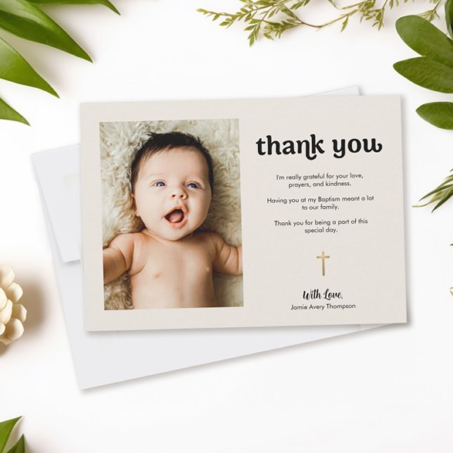 Modern Gold Cross Cream Baby Photo Baptism Thank You Card (Stylish, minimalist, trendy, gold cross, photo, baptism thank you card.)