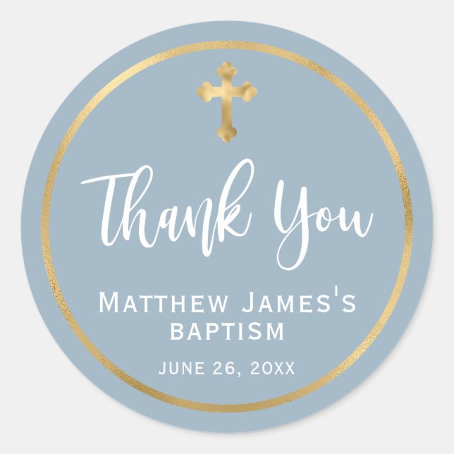 Modern Gold Cross Light Dusty Blue Boy Baptism  Classic Round Sticker (Front)