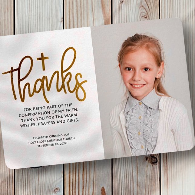 Modern Gold Cross Photo Confirmation Thank You Card (Creator Uploaded)