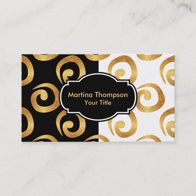 Modern Gold Curls on Black and White Business Card (Front)