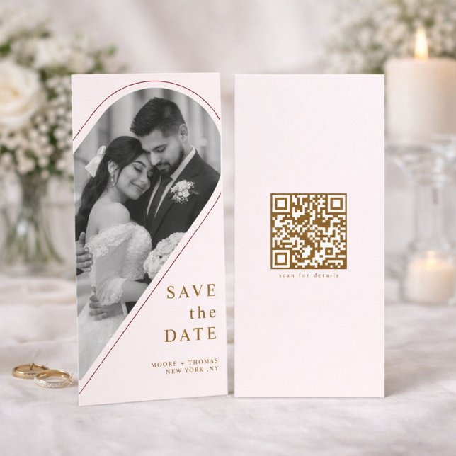Modern Gold Curved Arch Photo QR Save the Date (Creator Uploaded)