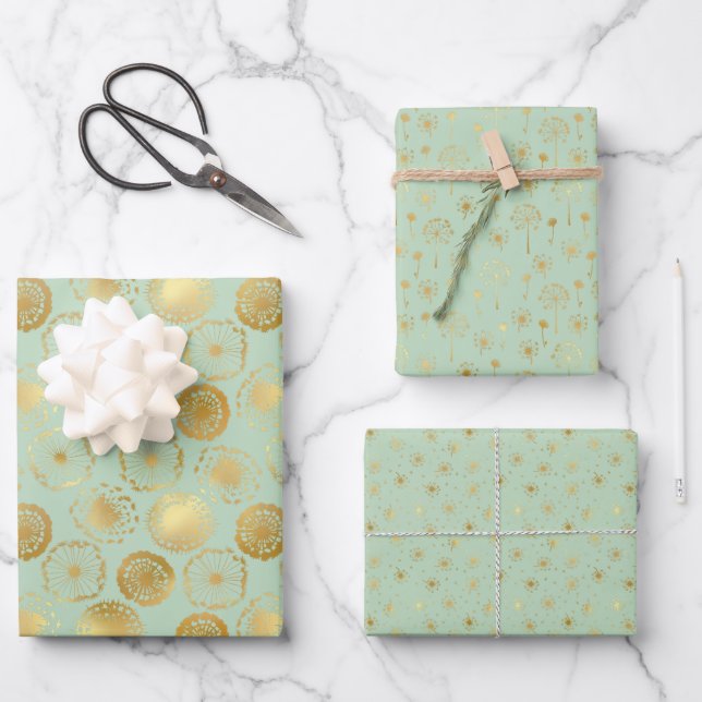 Modern Gold Dandelion Wrapping Paper Sheet (Front)