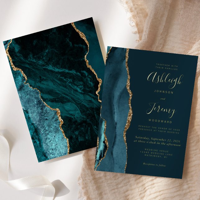 Modern Gold Dark Teal Blue Agate Dark Wedding (Creator Uploaded)