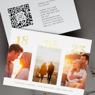 Modern GOLD DATE Three Photo QR CODE Save The Date