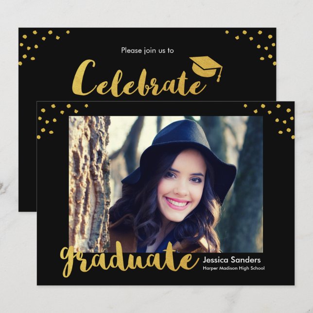 Modern Gold Decor Graduate Photo Graduation Party Invitation (Front/Back)