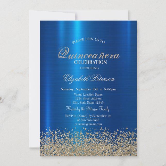 Modern Gold Diamonds Blue Metallic Quinceañera Invitation (Front)