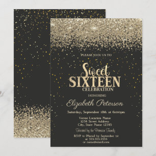 Modern Gold Diamonds Confetti Black Sweet 16 Invitation