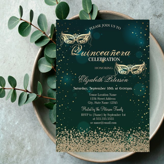 Modern Gold Diamonds Masque Green Quinceañera  Invitation (Creator Uploaded)