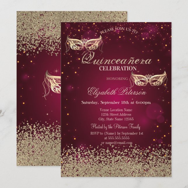 Modern Gold Diamonds Masque Red Quinceañera Invitation (Front/Back)
