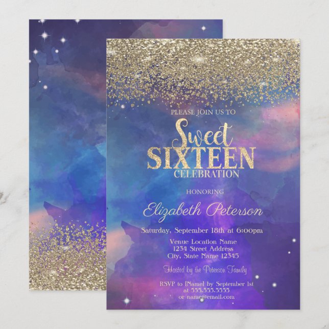 Modern Gold Diamonds Paint Splash Sweet 16 Invitation (Front/Back)