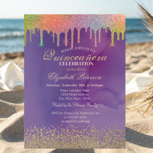 Modern Gold Diamonds Rainbow Drips Quinceañera Invitation