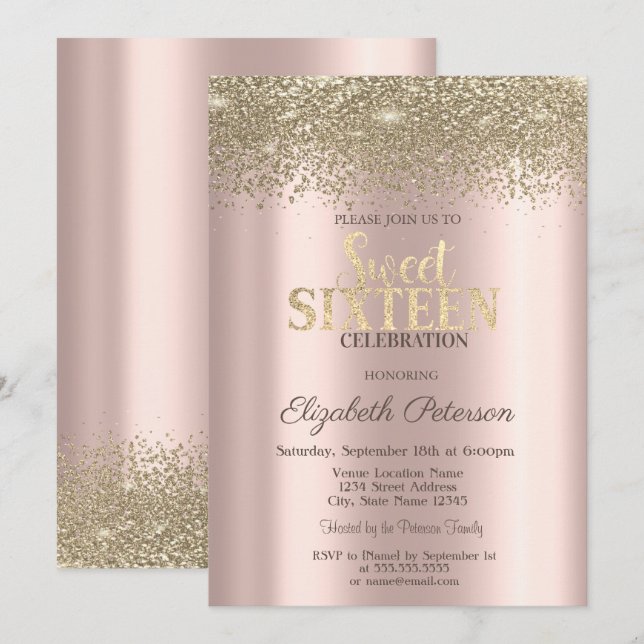 Modern Gold Diamonds Rose Gold  Sweet 16 Invitation (Front/Back)