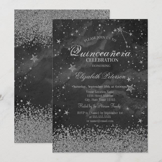 Modern Gold Diamonds Stars Grey Quinceañera  Invitation (Front/Back)