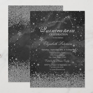 Modern Gold Diamonds Stars Grey Quinceañera  Invitation