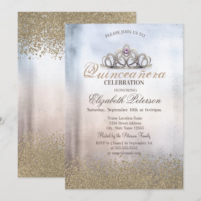 Modern Gold Diamonds,Tiara Metallic Quinceañera Invitation (Front/Back)