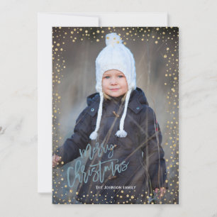 Modern gold dot with grey blue lettering Christmas Holiday Card
