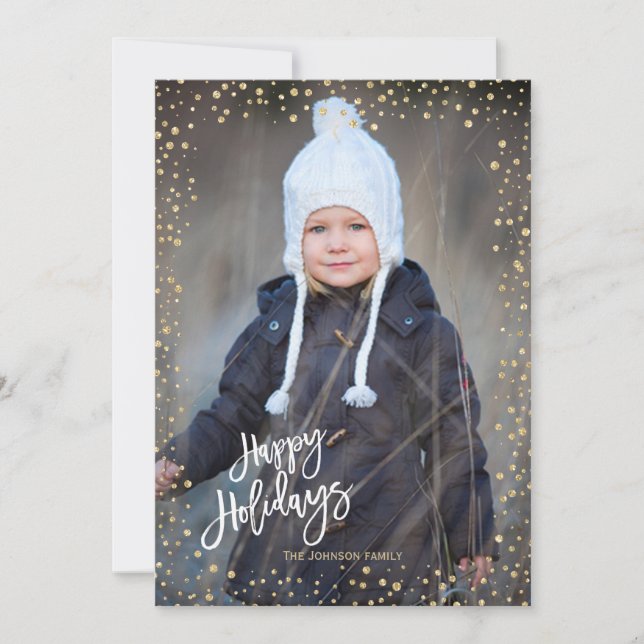 Modern gold dot with white letters Happy Holidays Holiday Card (Front)