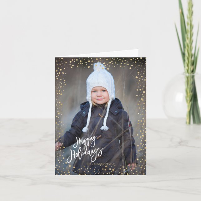 Modern gold dot with white letters Happy Holidays Holiday Card (Front)