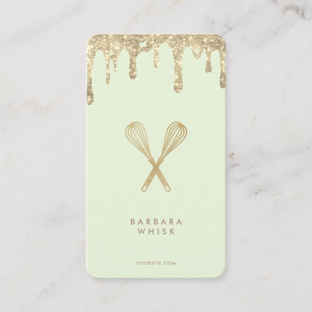 Modern Gold Drip Glitter Whisk Bakery Pastry Business Card (Front)