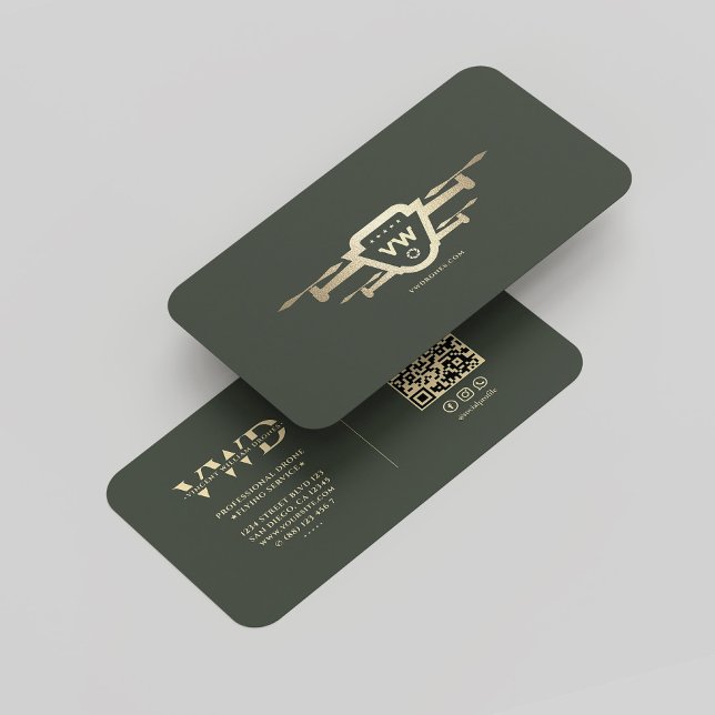 Modern Gold Drone Tech Monogram Dark Green Business Card (Modern Gold Drone Operator Monogram Dark Green Business Card
)