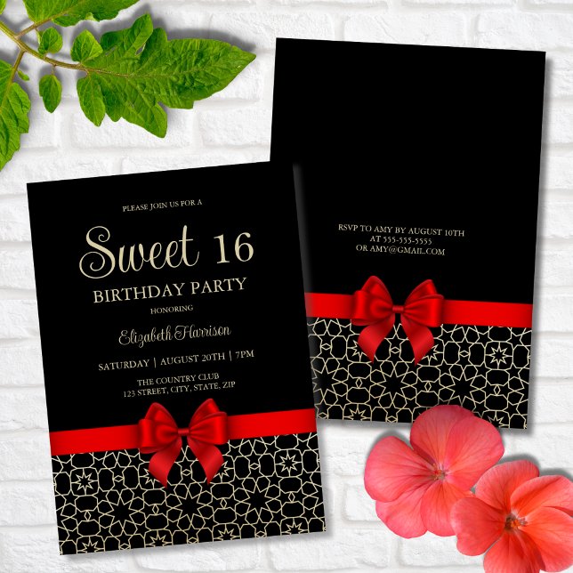 Modern Gold Egypt Geometric Red Bow 16th Birthday Invitation (Creator Uploaded)