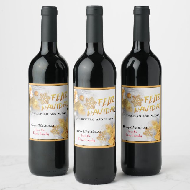 Modern Gold Elegant Feliz Navidad Snowflakes Gifts Wine Label (Bottles)