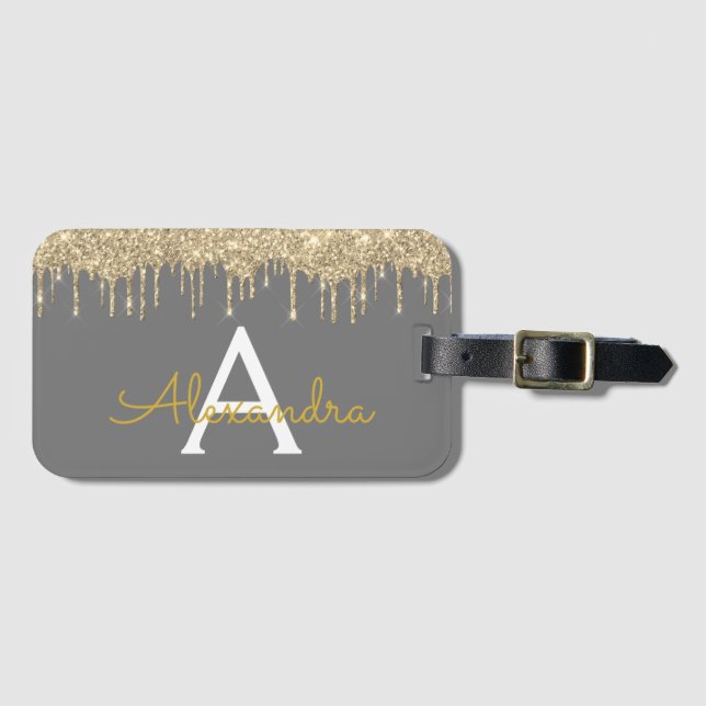 Modern Gold Elegant Glitter Sparkle Monogram Luggage Tag (Front Horizontal)