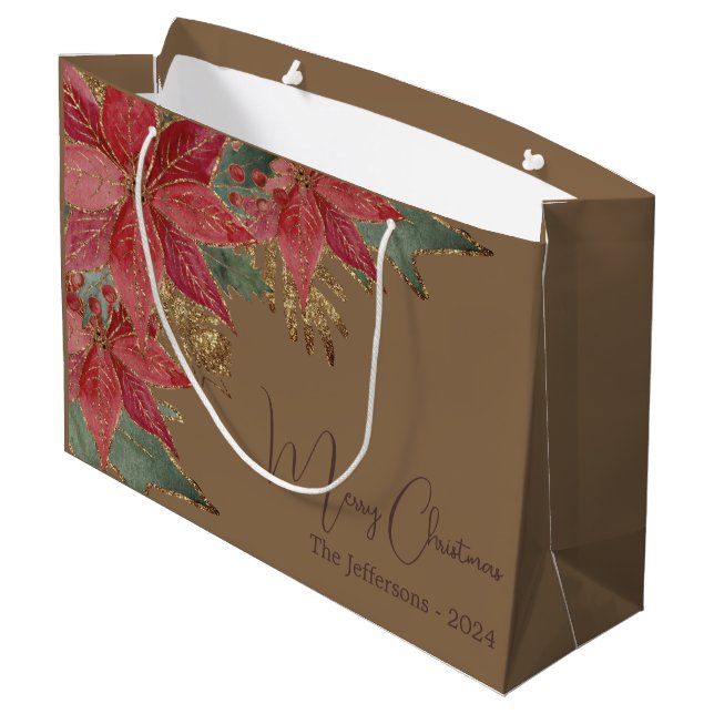 Modern Gold Elegant Red Poinsettia Merry Christmas Large Gift Bag (Back Angled)
