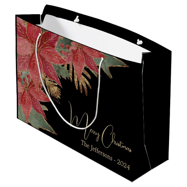 Modern Gold Elegant Red Poinsettia Merry Christmas Large Gift Bag (Back Angled)