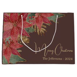 Modern Gold Elegant Red Poinsettia Merry Christmas Large Gift Bag