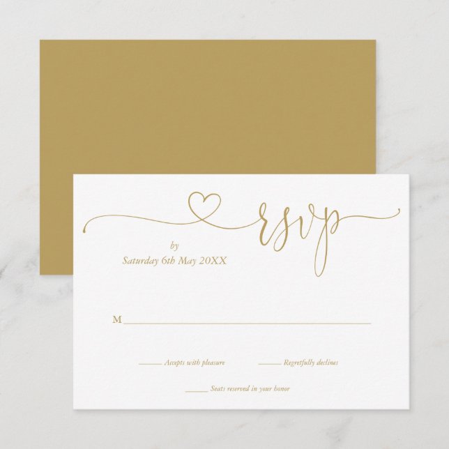 Modern Gold Elegant Script Heart RSVP Card (Front/Back)