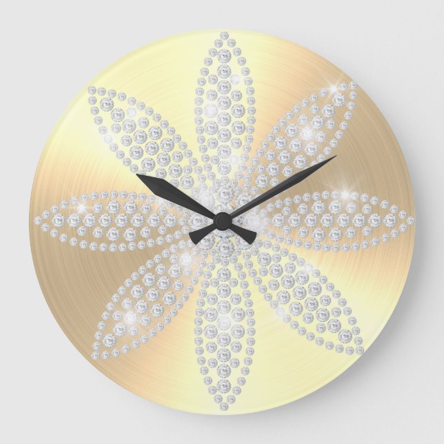 Modern Gold Elegant Sparkly Diamond Flower Elegant Large Clock (Front)