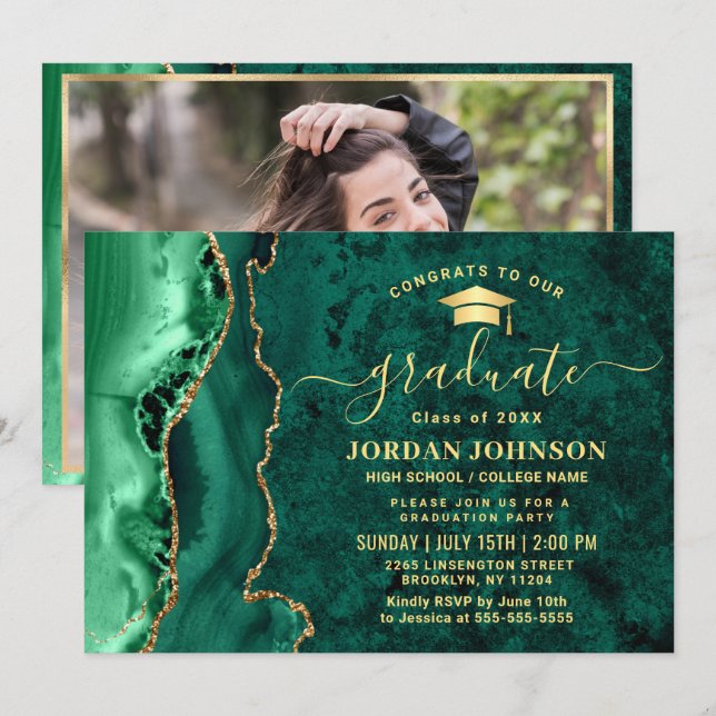 Modern Gold Emerald Green Marble Graduation Party Invitation (Front/Back)