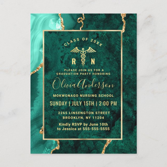 Modern Gold Emerald RN Graduation Party Invitation Postcard (Front)