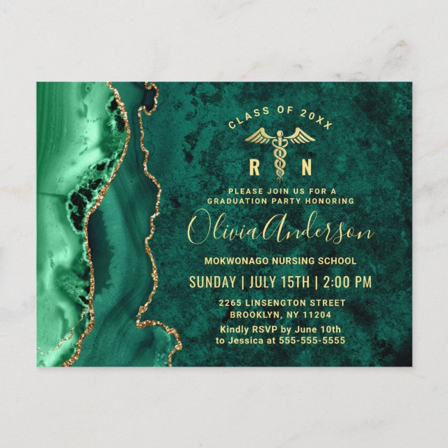 Modern Gold Emerald RN Graduation Party Invitation Postcard (Front)