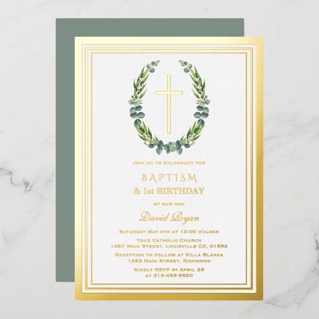 Modern Gold Eucalyptus Boy 1st Birthday Baptism (Front/Back)