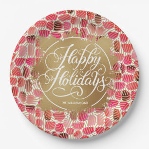 Modern Gold Faux Foil Happy Holidays Berry Paper Plate
