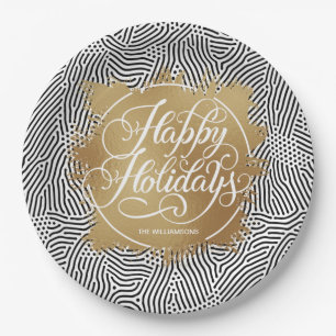 Modern Gold Faux Foil Happy Holidays Black Paper Plate
