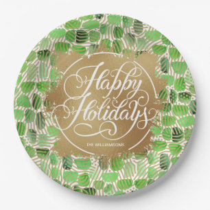Modern Gold Faux Foil Happy Holidays Green Paper Plate