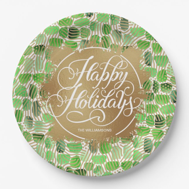 Modern Gold Faux Foil Happy Holidays Green  Paper Plate (Front)